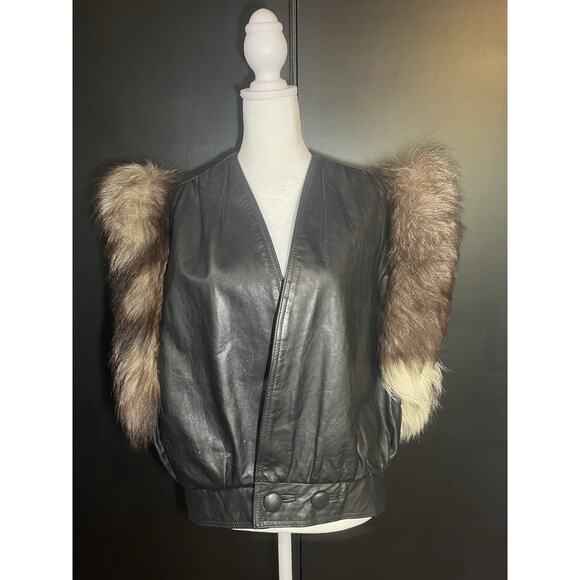 Vintage Luxury Leather Vest wth Genuine Raccoon Fur Sleeves–High-End European - Picture 1 of 16